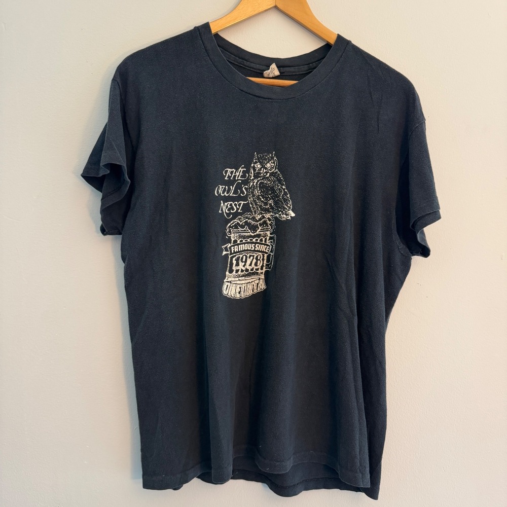 Vintage 70s Hanes The Owls Nest Oneonta K&L Racing T-Shirt Mens XL Black USA